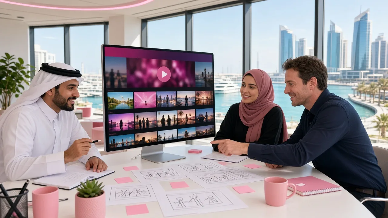Media founders planning a video streaming platform with a development consultant in a bright Lusail office