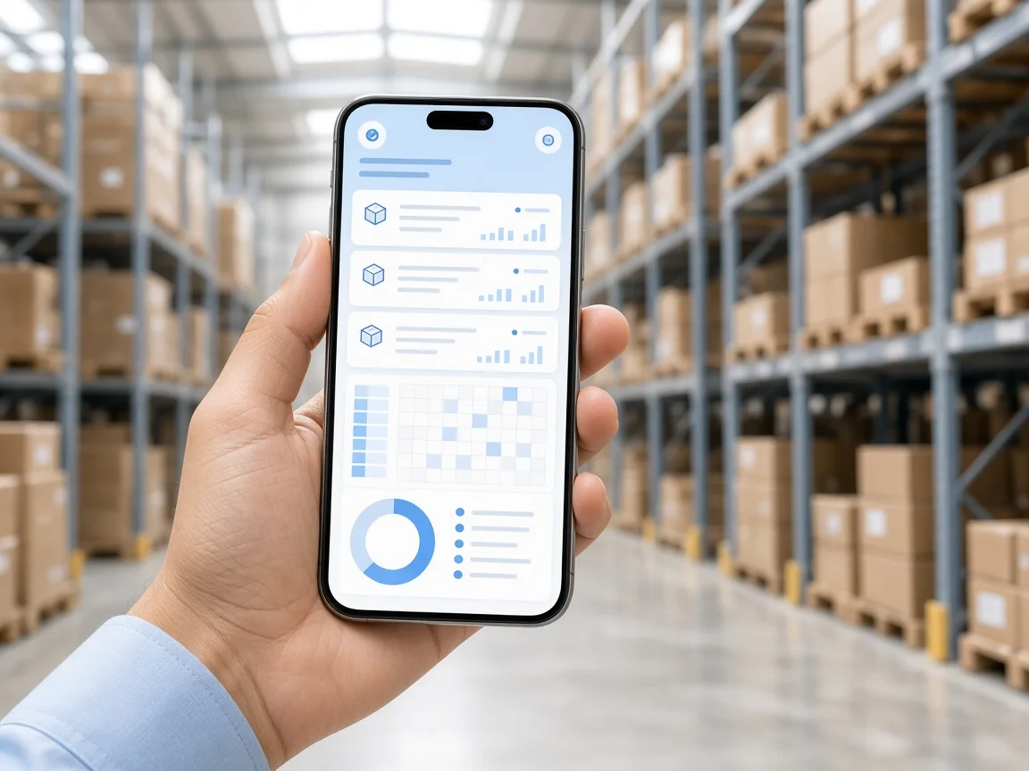 Warehouse management mobile application showing inventory records, stock locations, and operational dashboard