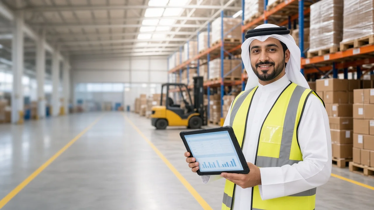 Warehouse manager checking live inventory on a tablet inside a bright distribution center in Doha, representing a warehouse management app development company in Qatar