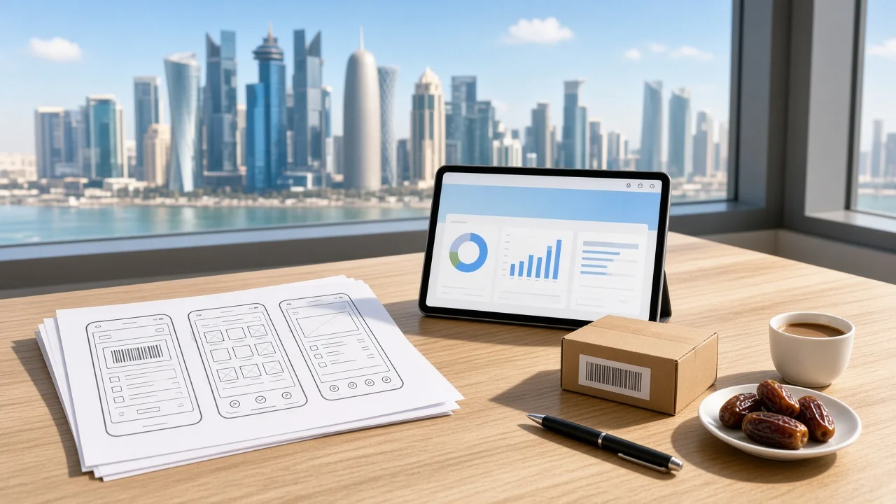 Warehouse app wireframes sketched on paper beside a tablet showing stock levels in a bright Doha office