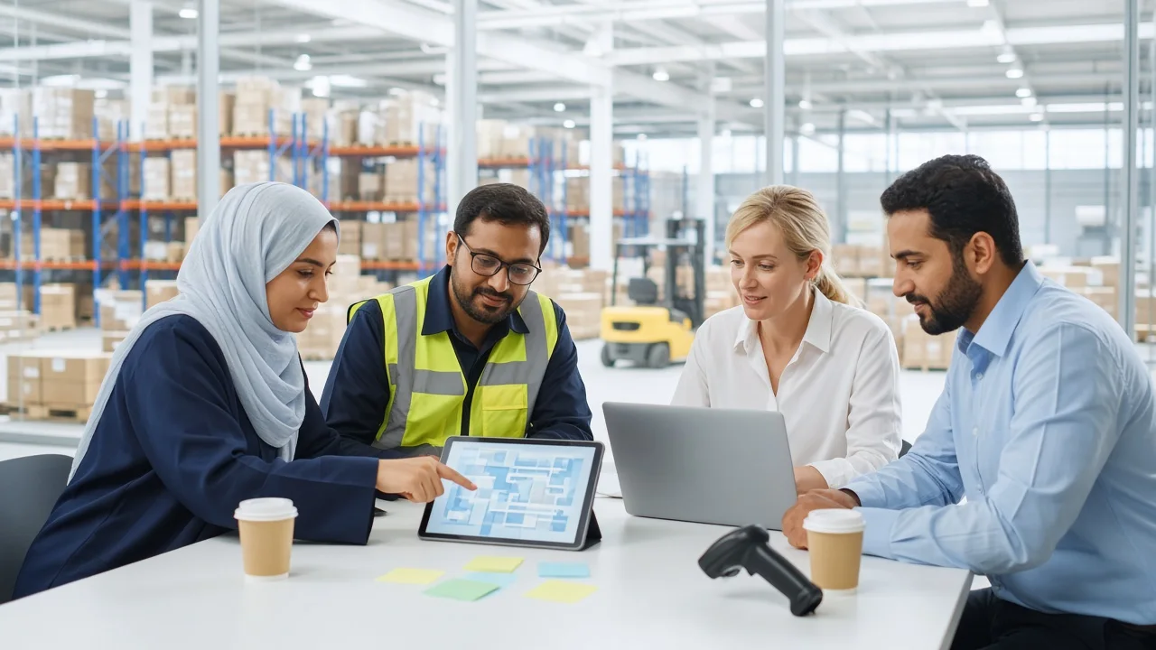 Warehouse operations team planning an inventory app around a tablet inside a bright Qatar warehouse