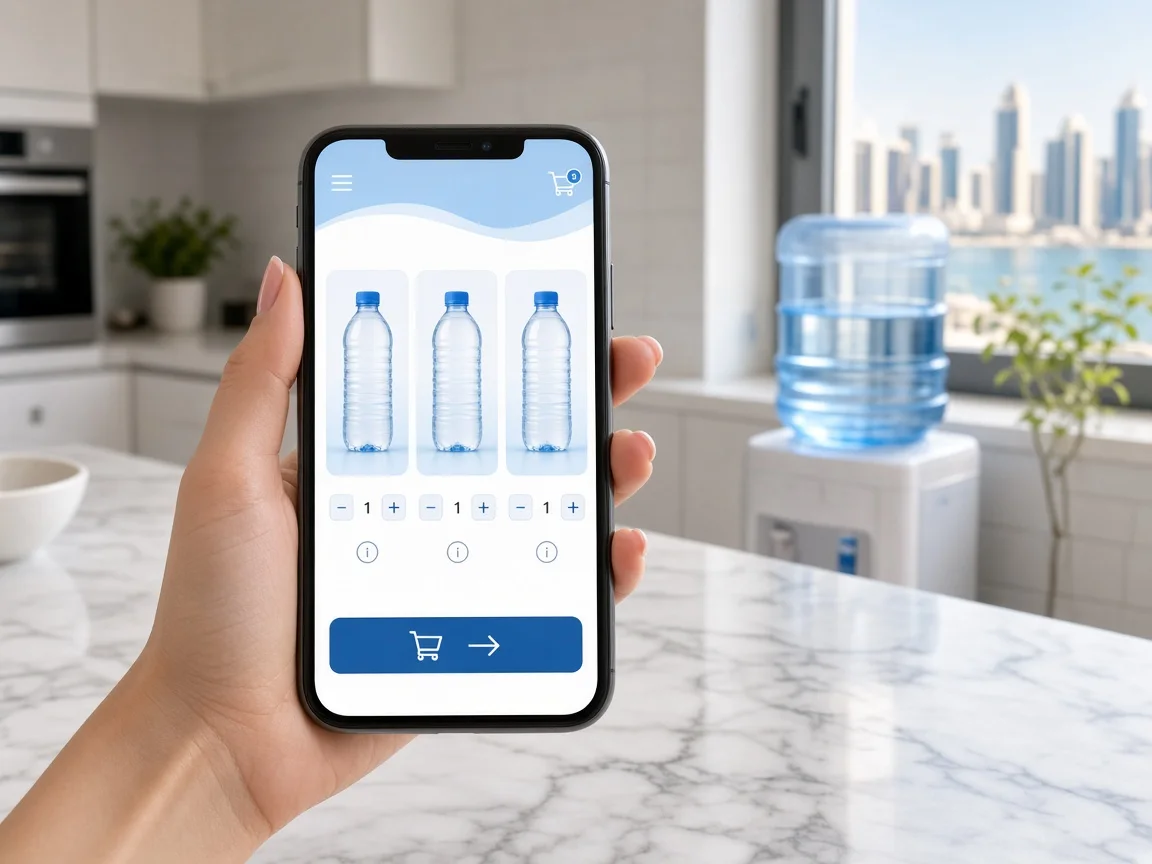 Water delivery mobile application displaying bottled water products, order quantities, and checkout screens