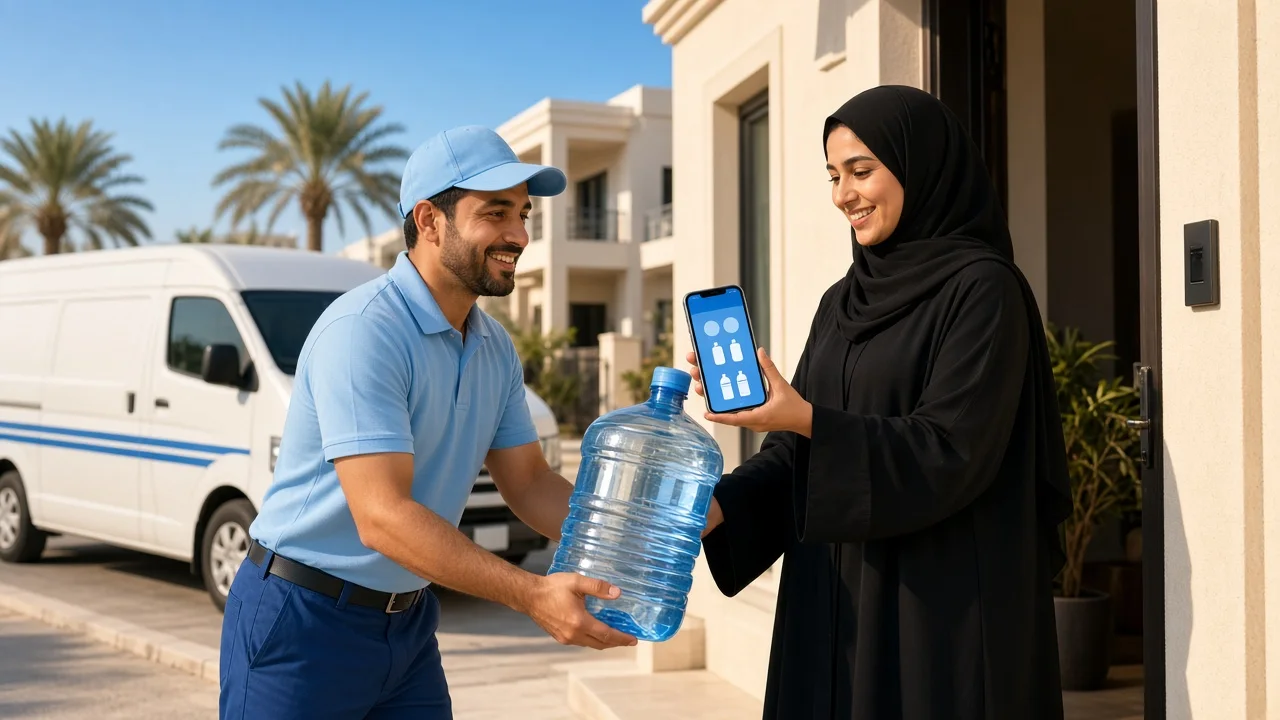 Delivery driver handing a fresh drinking water bottle to a smiling customer at a bright Doha villa while the order is confirmed on a water delivery app, representing a water delivery app development company in Qatar