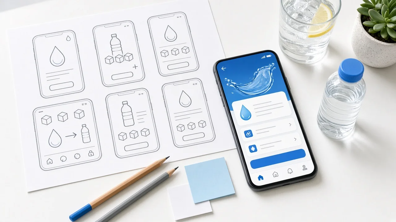 Water delivery app wireframes sketched beside a smartphone and a glass of drinking water on a desk in Doha