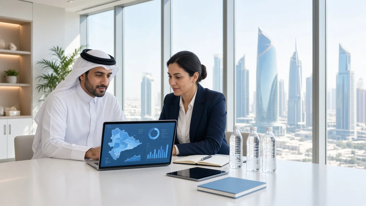 Water distribution business owners planning a delivery app with a development consultant in a bright Lusail office