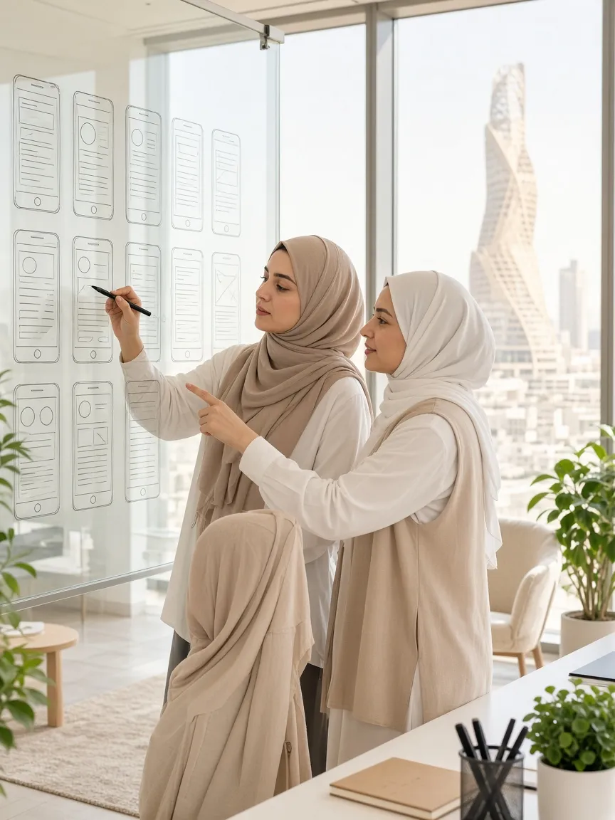 UX designers planning app wireframes in the Qatar studio