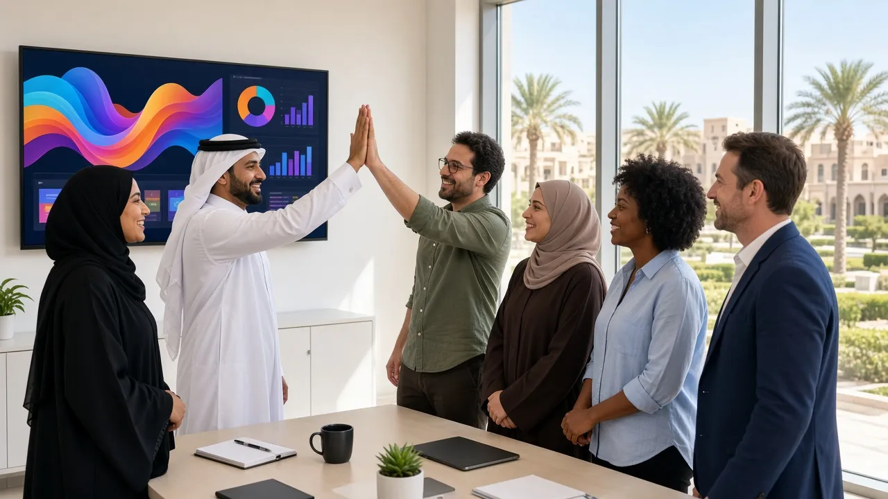 Software team celebrating a successful product demo