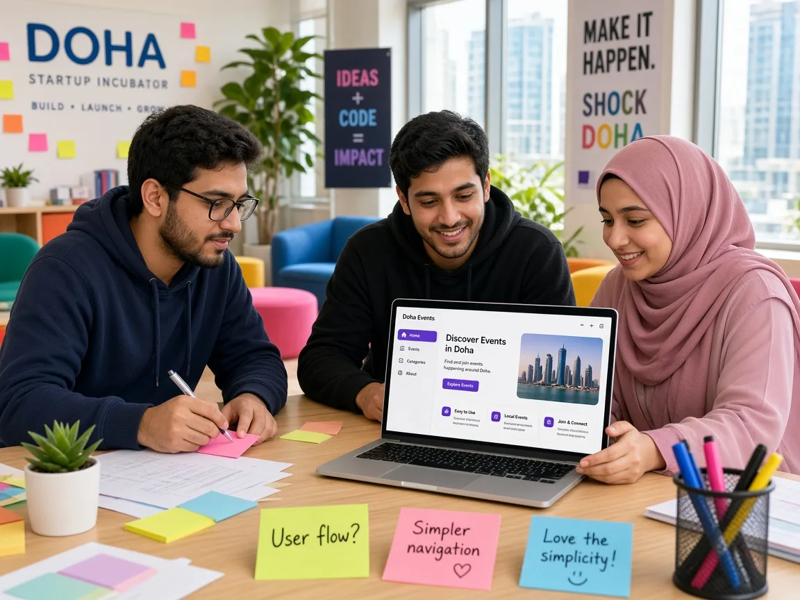 Startup founders in Doha testing a minimum viable web application with early users