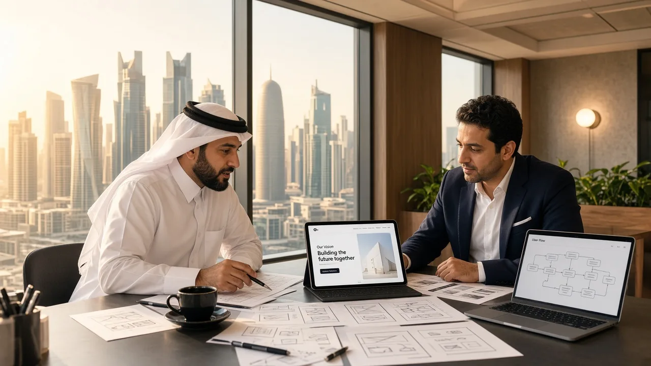 Business owner in Doha sketching a web application idea with a product consultant
