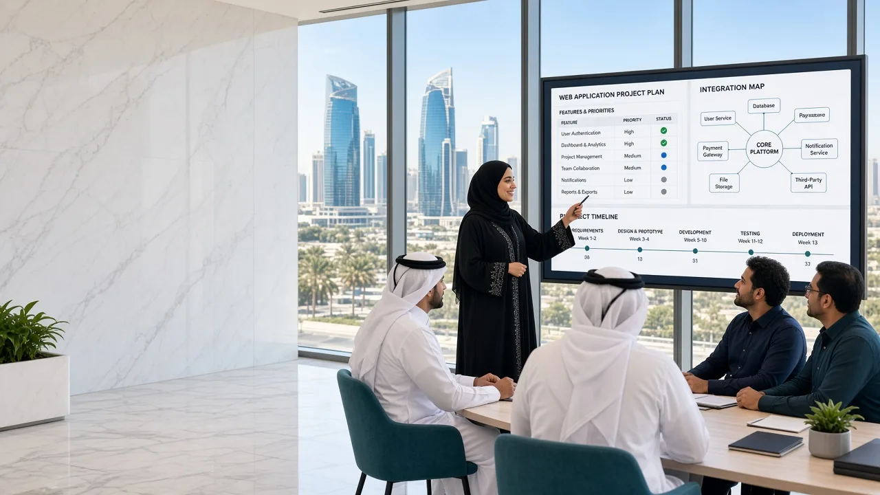 Qatari business team reviewing a web application plan with developers in a Lusail office