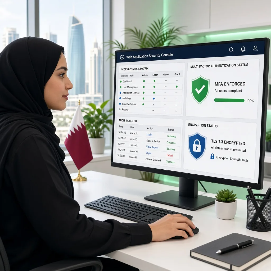 Security specialist in Doha reviewing web application access controls and data protection settings