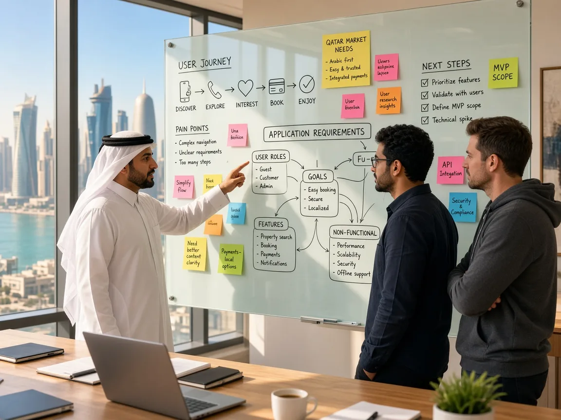 Planning workshop mapping web application requirements and user journeys on a glass board
