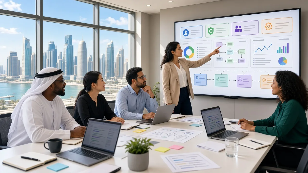 Operations team in Doha planning a business web portal on a large screen