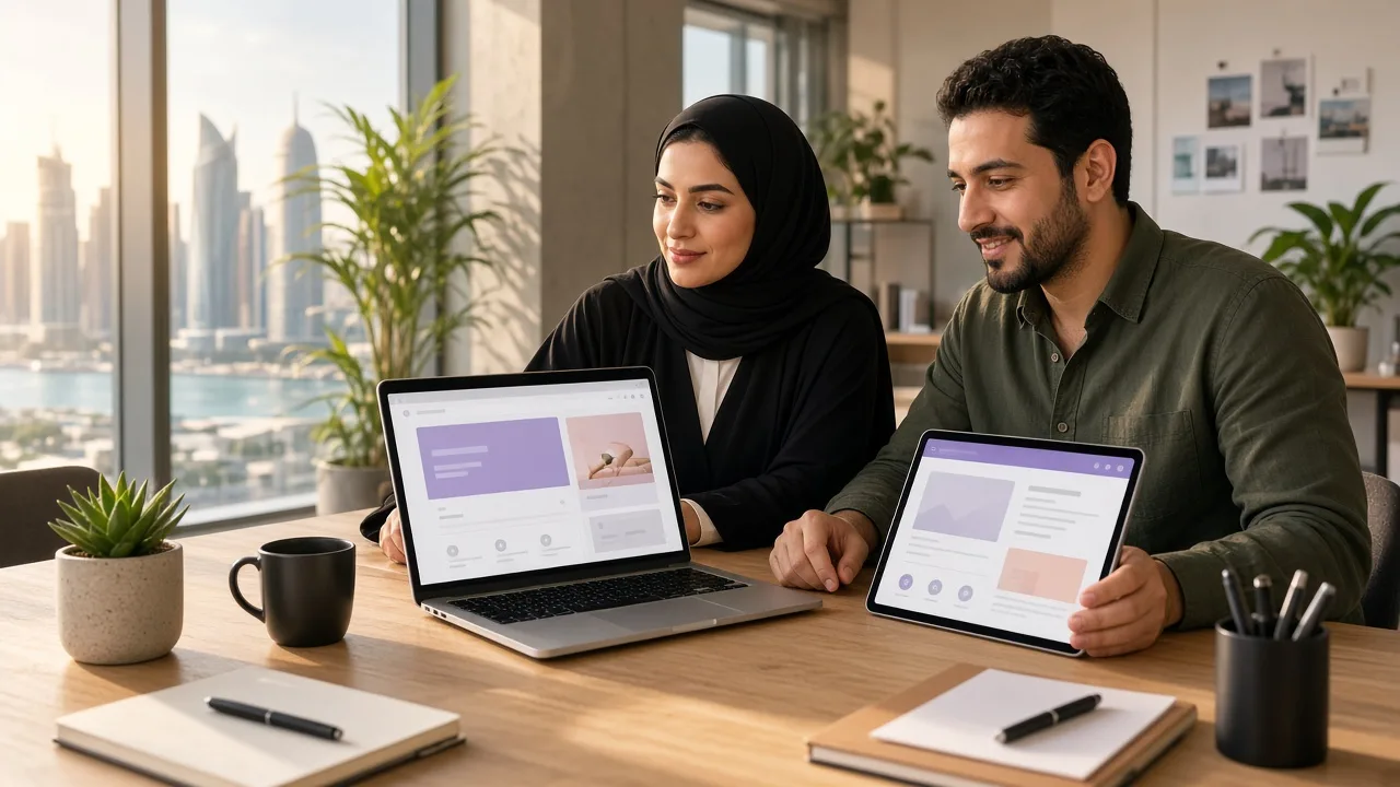 Client and portal developer reviewing a bilingual web portal design in Qatar