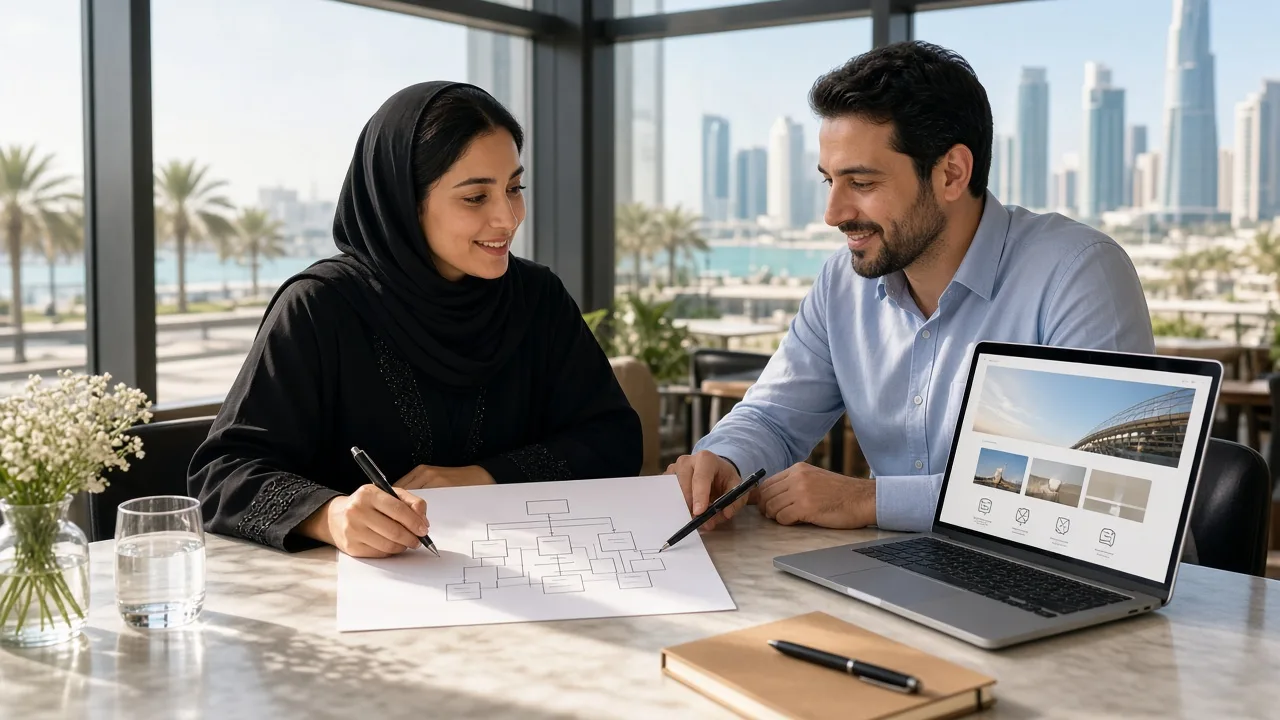 Business owner in Doha planning a new company website with a web consultant