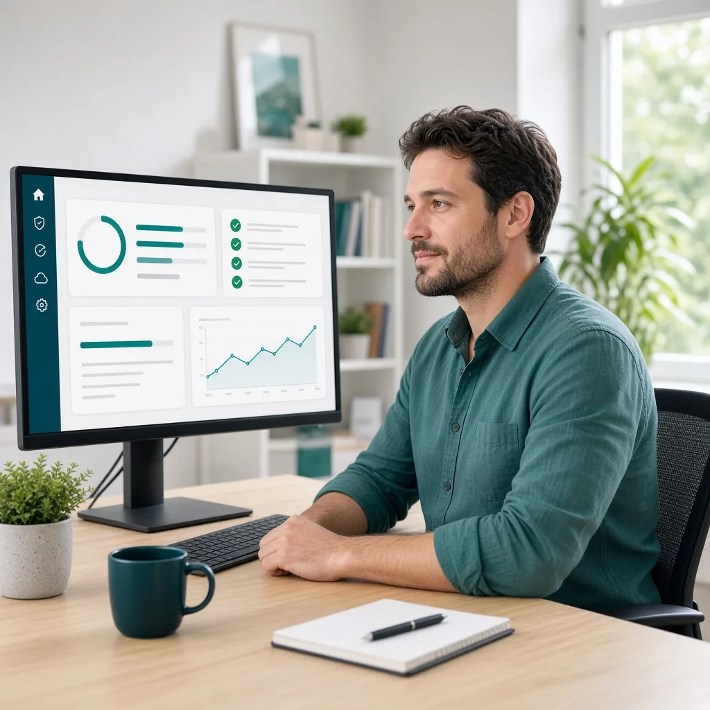 Website support engineer monitoring site health, updates, and backups on a dashboard