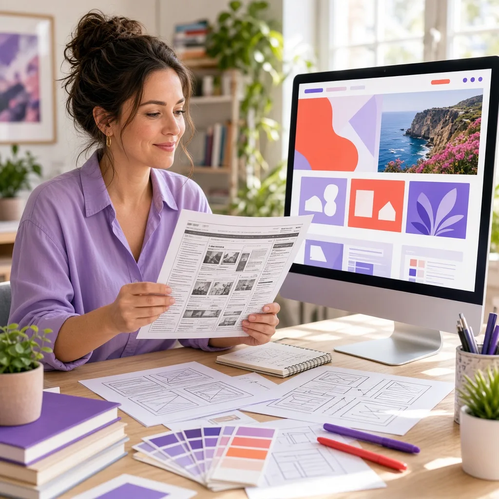 Designer comparing an outdated website layout with a modern redesigned version