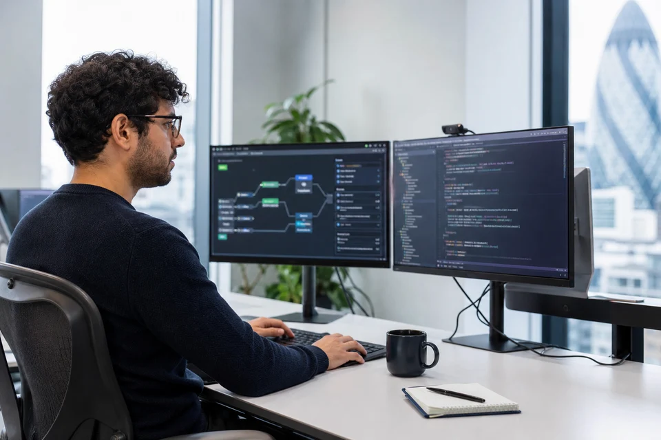 London AI engineer training a machine learning model with data pipelines and code on dual monitors