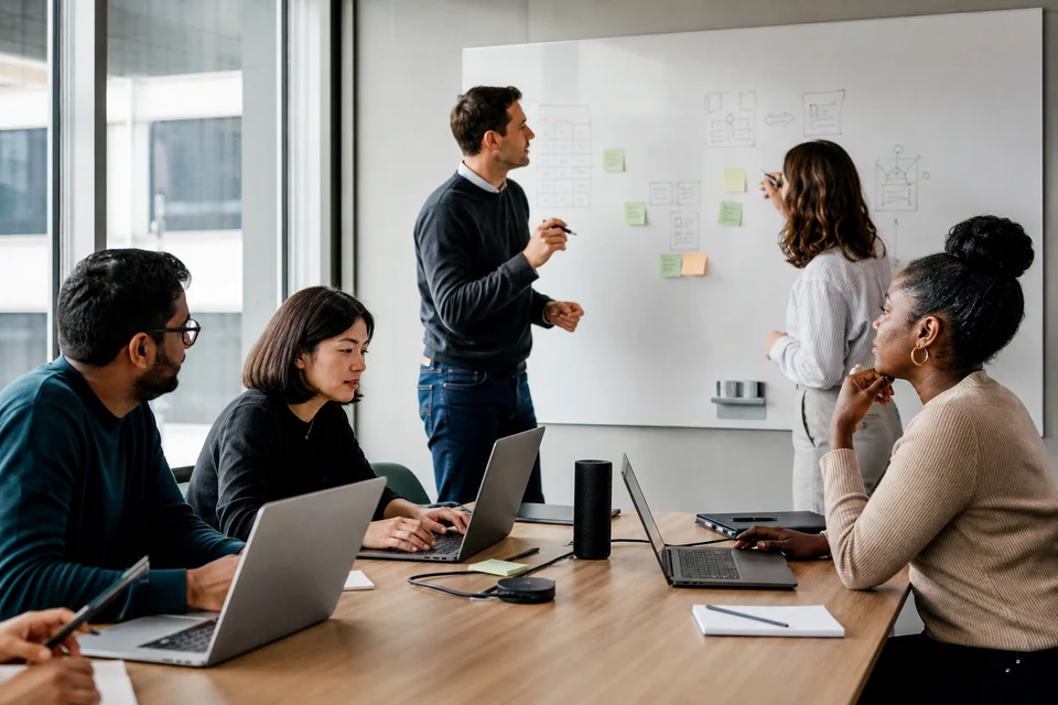 UK team comparing AI chatbot, automation, and analytics use cases on laptops