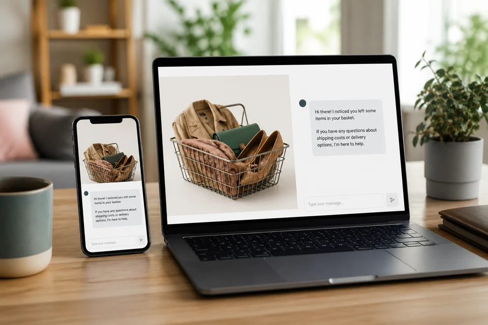 AI chatbot helping recover an abandoned shopping cart on a UK ecommerce store