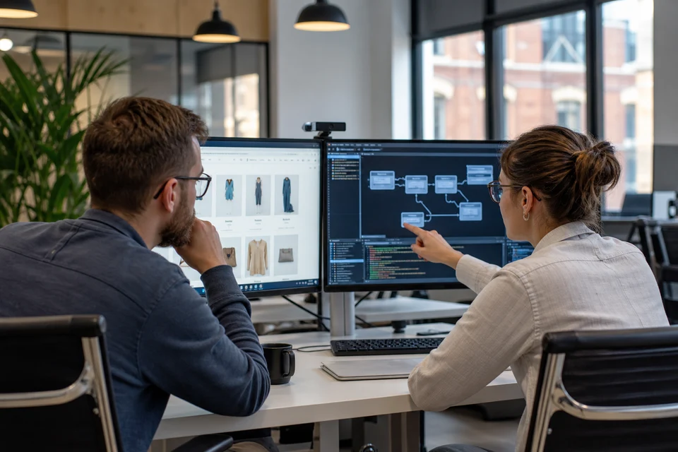 Developers integrating an AI chatbot with an ecommerce catalogue and CRM systems