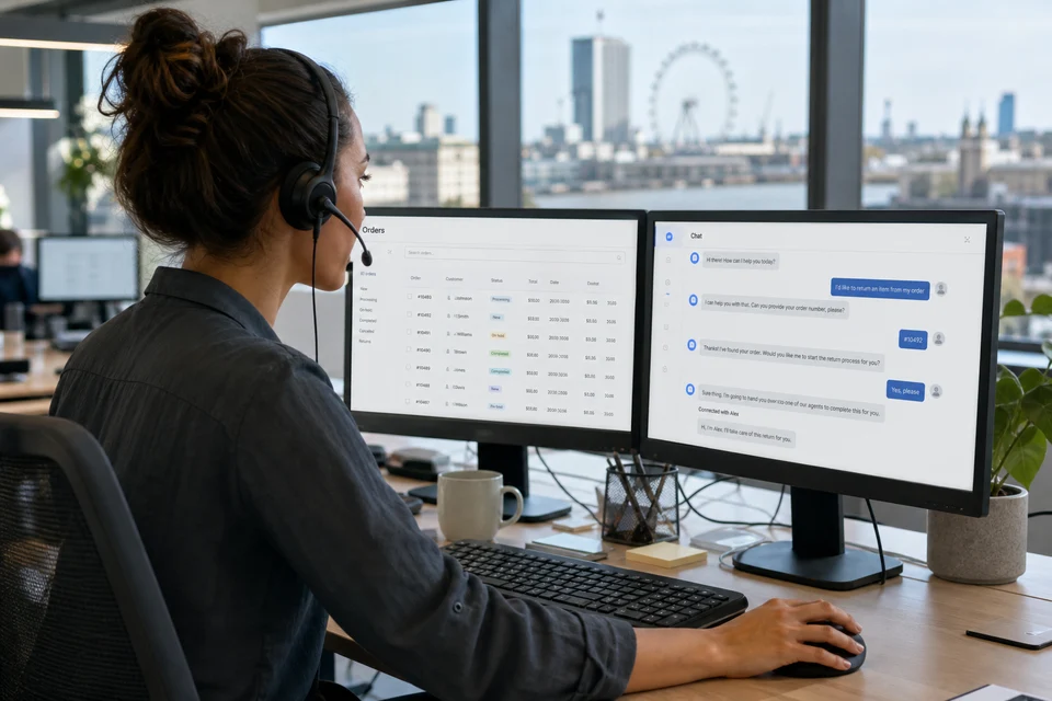 London ecommerce support team reviewing an AI chatbot conversation handoff on dual monitors