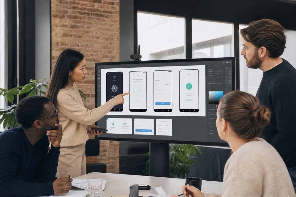 UK designers reviewing Android app UI, biometric login, and payment flows
