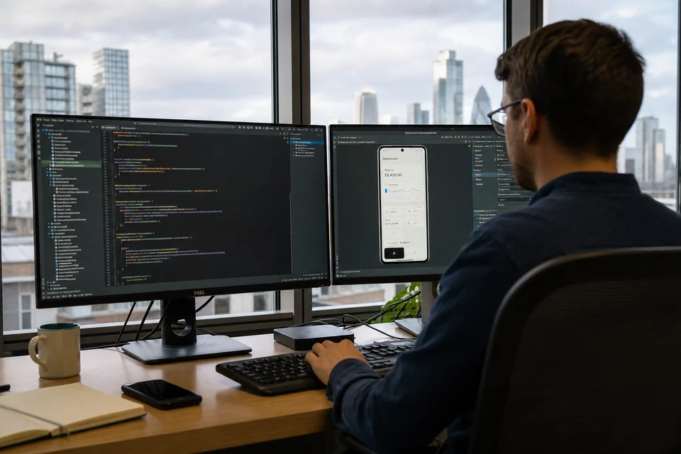 London Android developer coding a Kotlin Jetpack Compose app on dual monitors