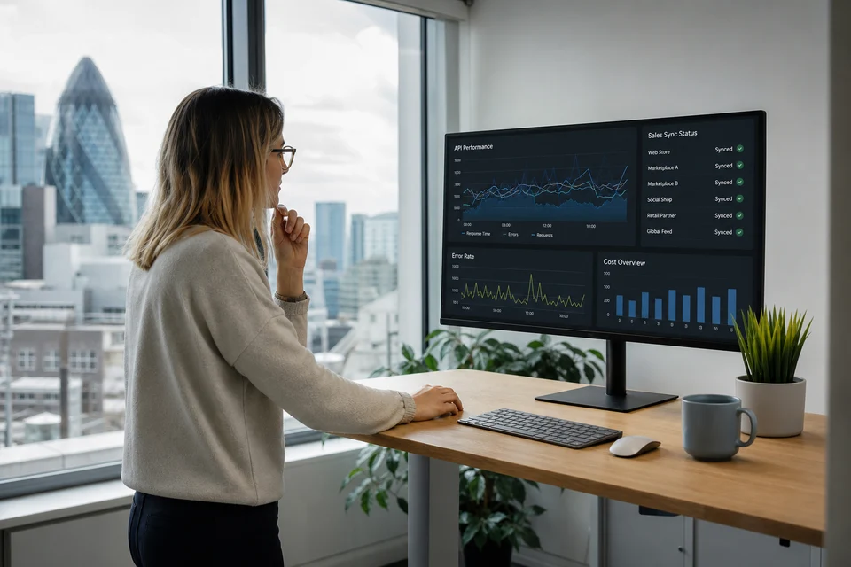 UK ecommerce manager monitoring API performance and sync status across sales channels
