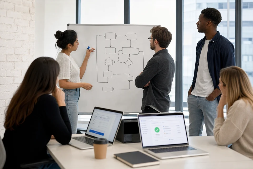 UK tech team mapping a secure payment gateway integration flow on screens and a whiteboard