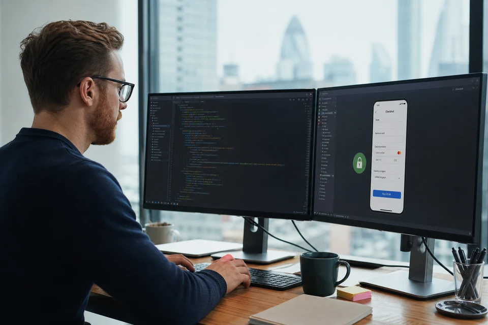 London developer integrating a payment API into an ecommerce checkout on dual monitors