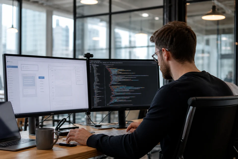 London developer building a custom CMS admin panel with wireframes and code on dual monitors