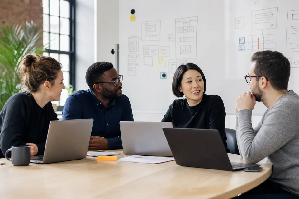 UK product team comparing CMS platform options and content structure on laptops