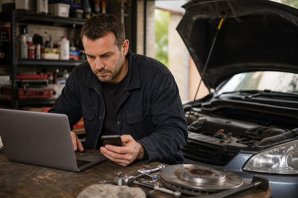 UK mechanic checking vehicle fitment and compatible parts online