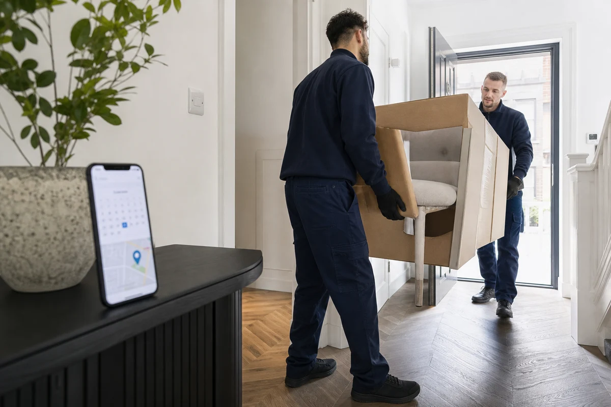 Furniture delivery team providing white-glove delivery with slot booking confirmation on a phone