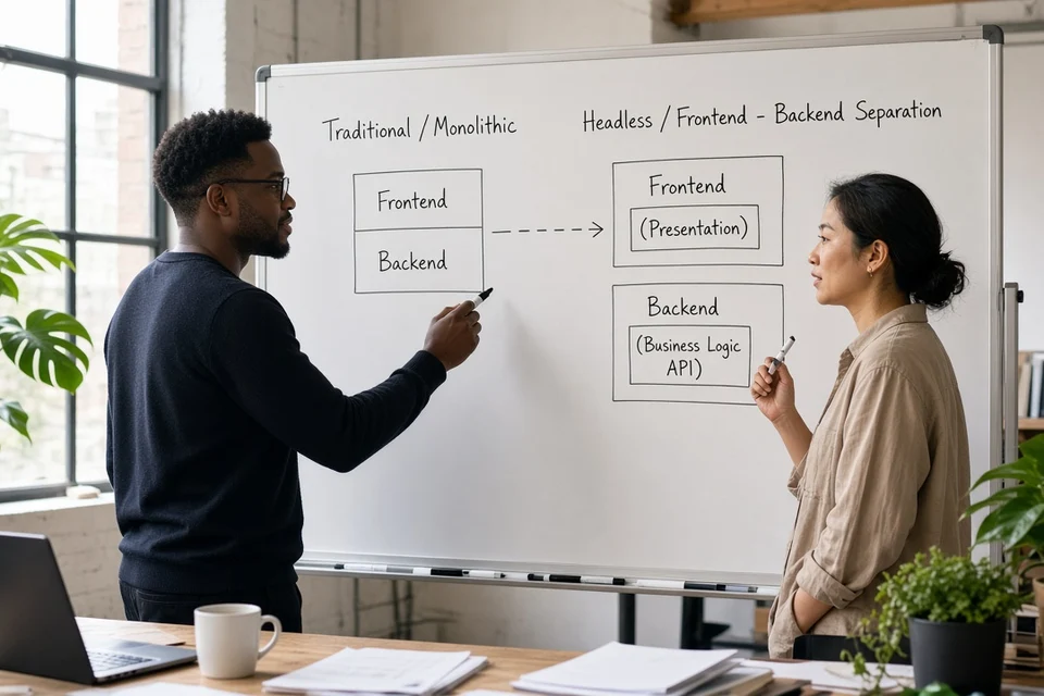 Strategists comparing traditional monolithic ecommerce with headless frontend-backend separation on a whiteboard