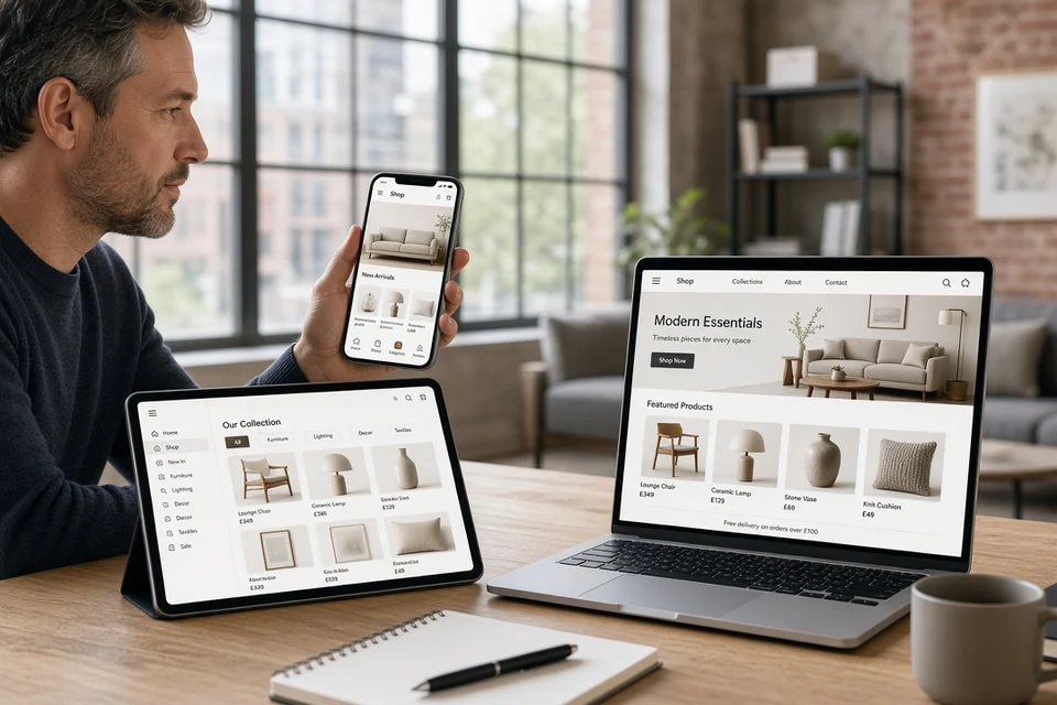 Brand manager comparing the same product catalogue across laptop, tablet, and phone