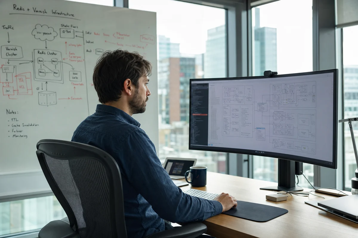 Magento developer reviewing Adobe Commerce architecture in a London office