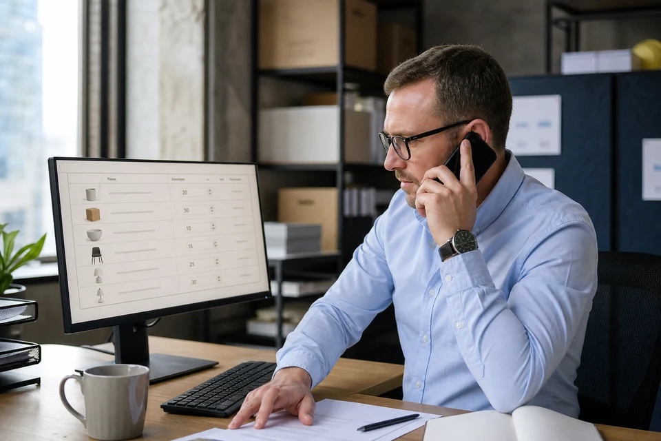 UK procurement manager reviewing a bulk wholesale order on desktop and phone