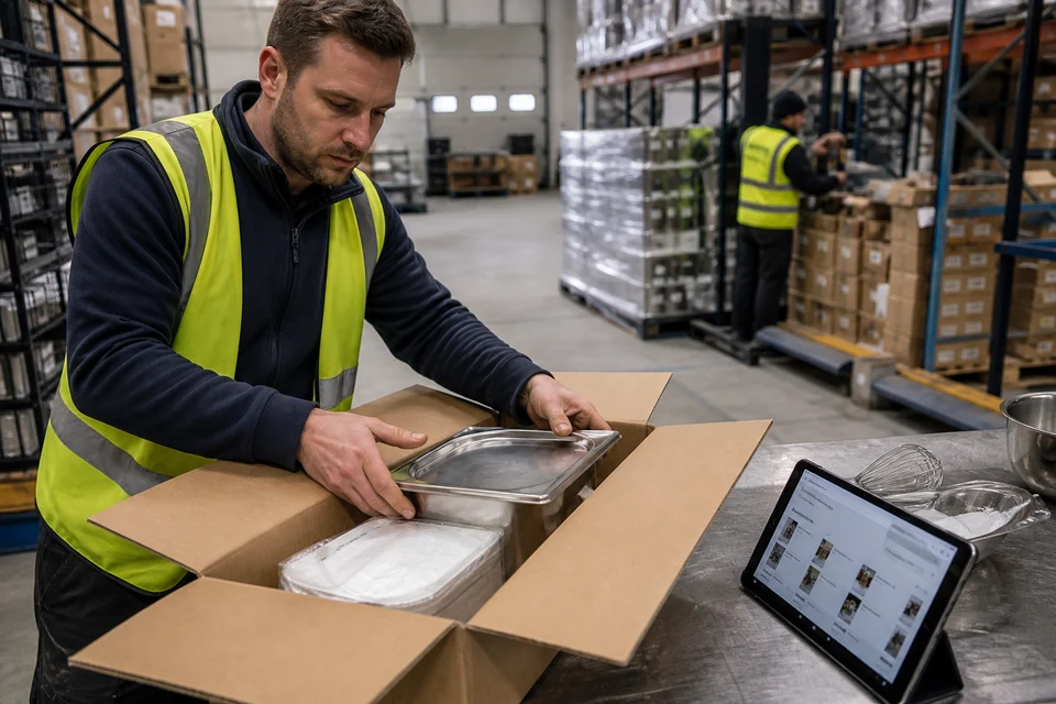 UK food distributor packing wholesale restaurant supply orders with an online reorder tablet nearby