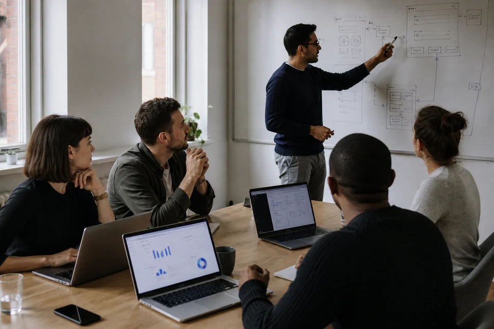 UK product team comparing custom software features, dashboards, and workflow automation