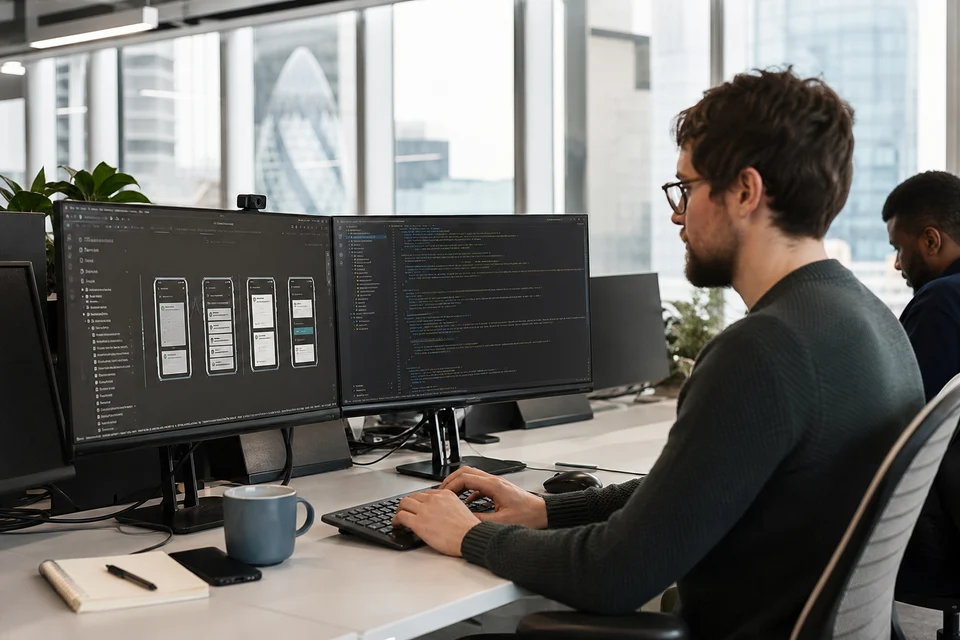 London software developers building a custom business application with wireframes and code on dual monitors
