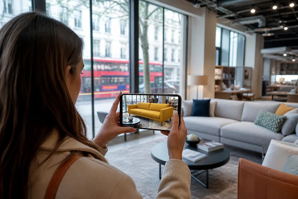 Shopper using augmented reality product preview on a smartphone in a modern London retail setting