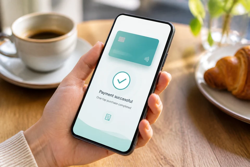 Close-up of one-tap mobile wallet checkout on a smartphone for London mCommerce shopping