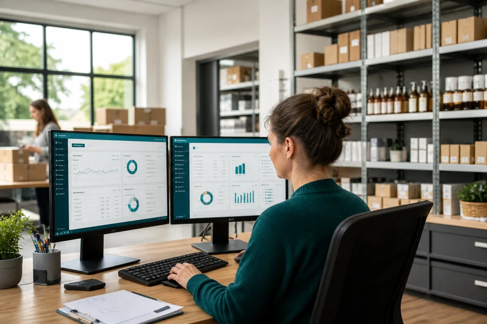 Retail manager reviewing real-time inventory sync between POS and ecommerce on a dual-monitor dashboard