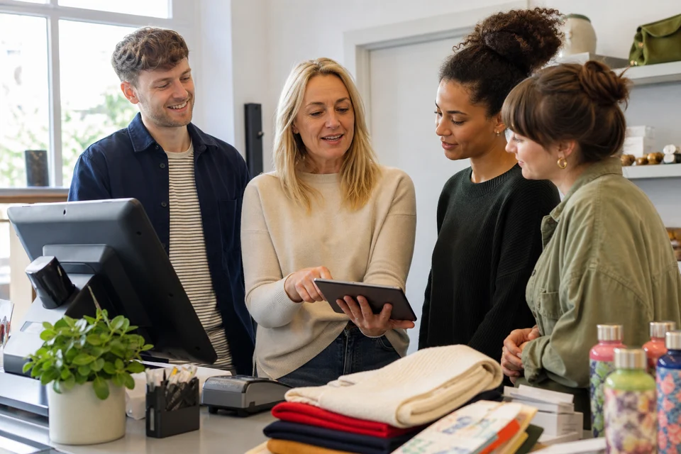 UK retail team training on a connected POS and ecommerce workflow in a bright shop back office