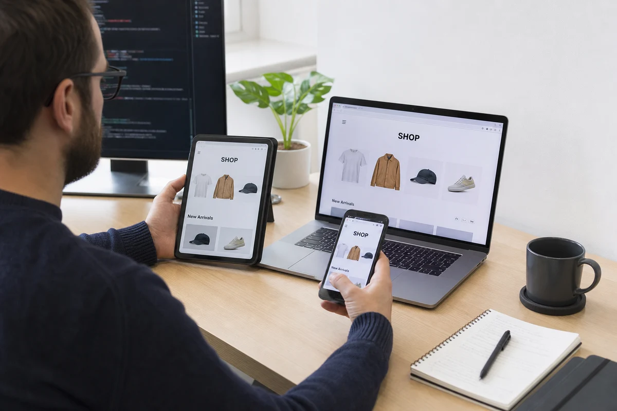 Developer testing a progressive web app across phone tablet and laptop