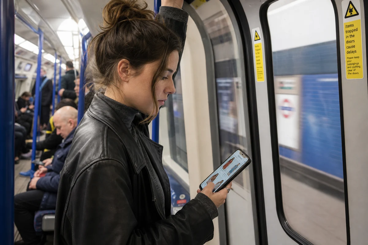 Commuter shopping on a smartphone during a London Underground journey