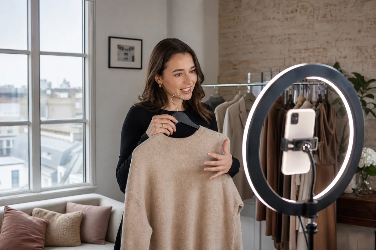 UK creator filming a live shopping product demo for social commerce