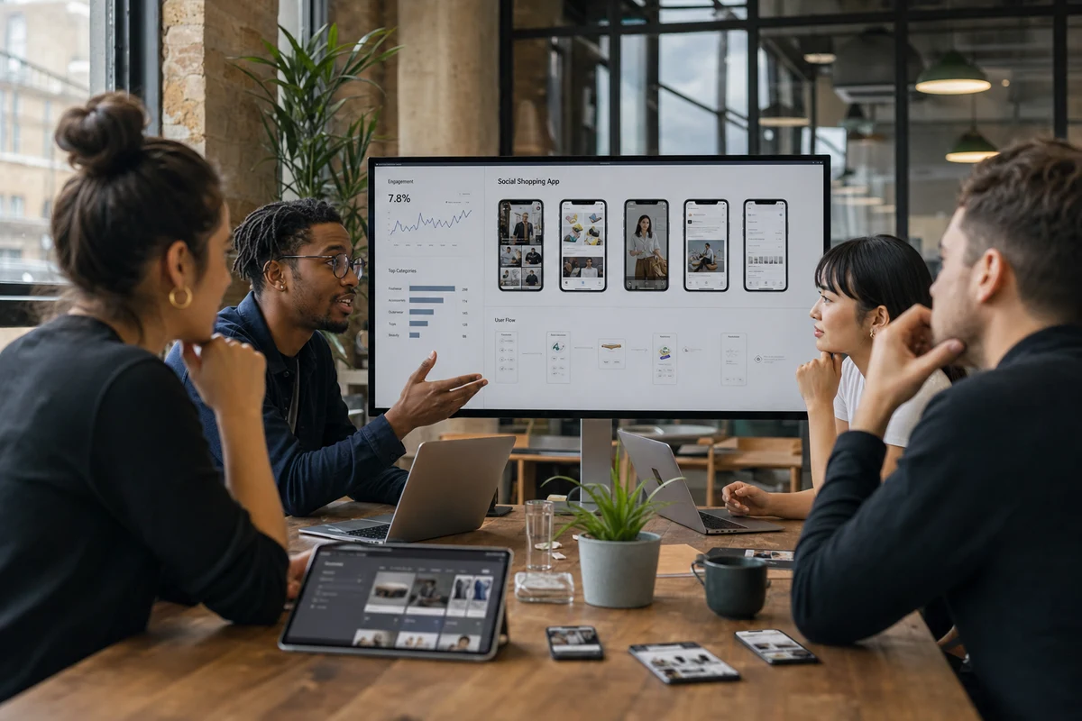 UK ecommerce team reviewing social commerce app wireframes and analytics